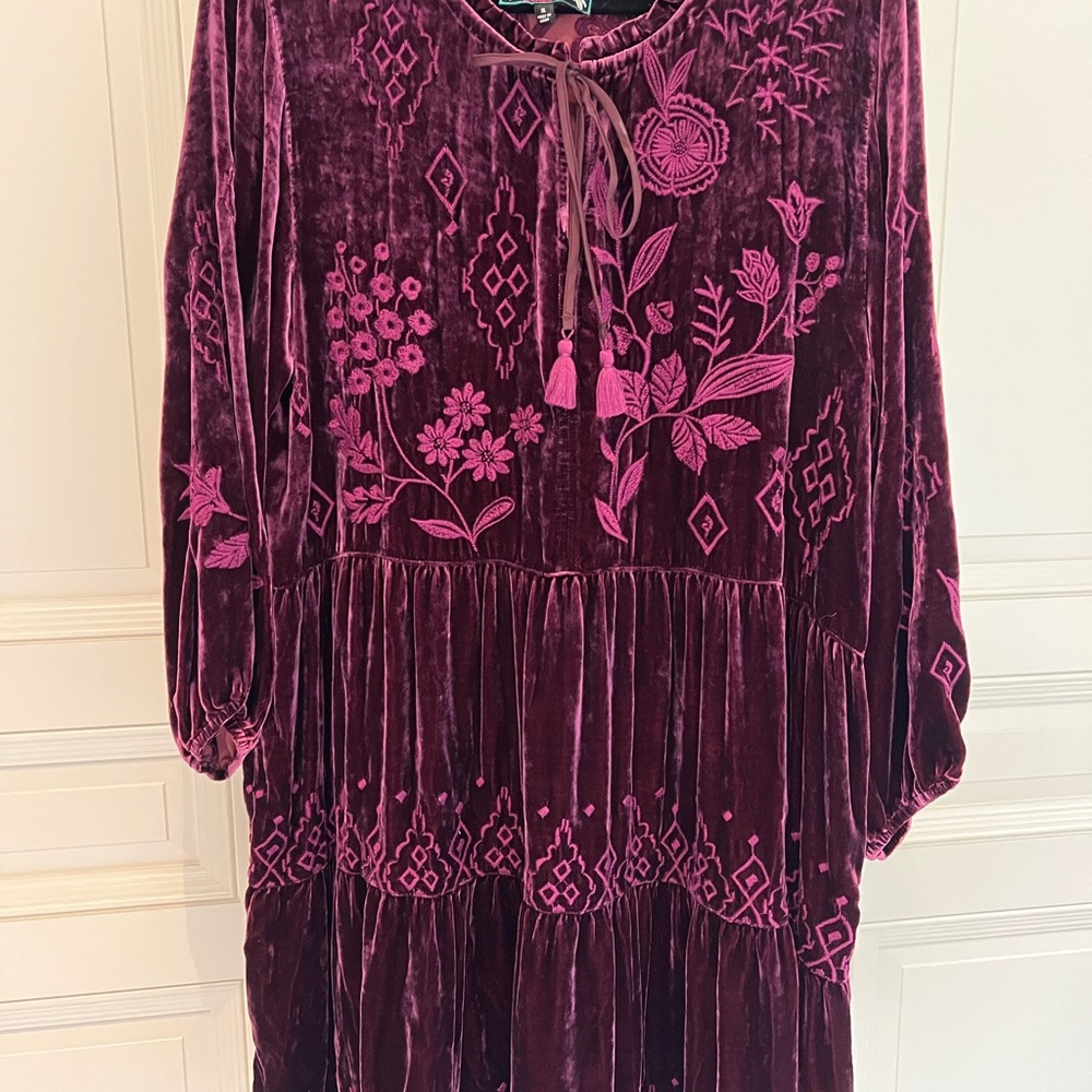 Johnny Was Velvet Dress - Rich Burgundy with Pink Embroidery